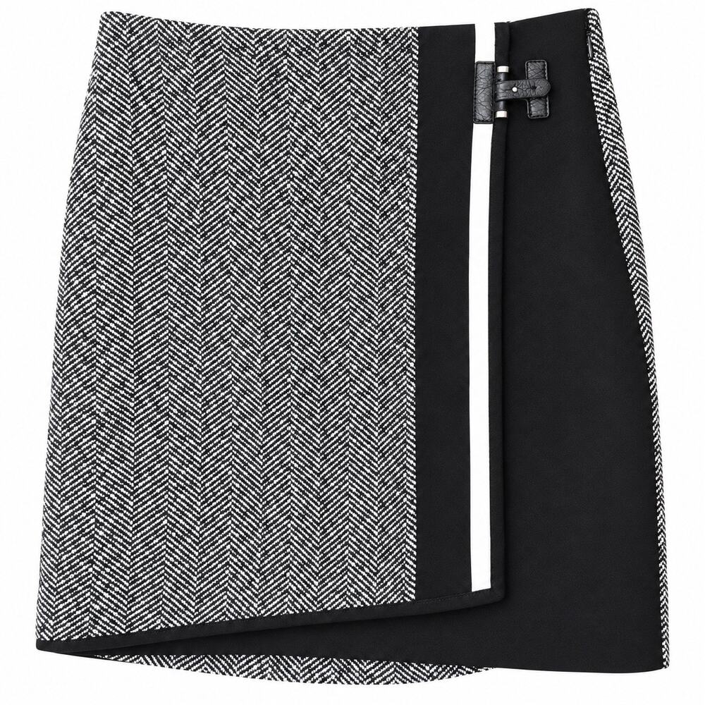 White House Black Market Herringbone Tweed Faux-Wrap Skirt Size 0 Buckle